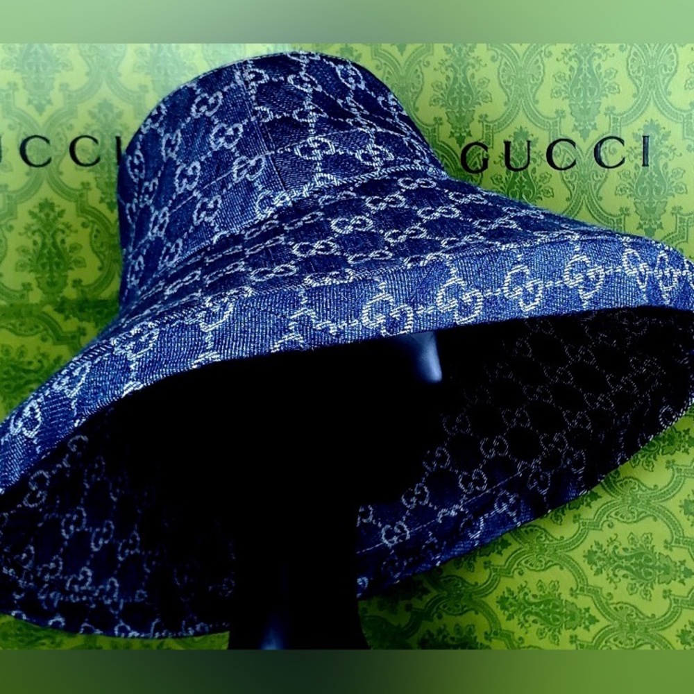 Gucci Denim GG Monogram Bucket Hat Wide Large Brim Navy Blue Sun Coverage - Picture 13 of 16